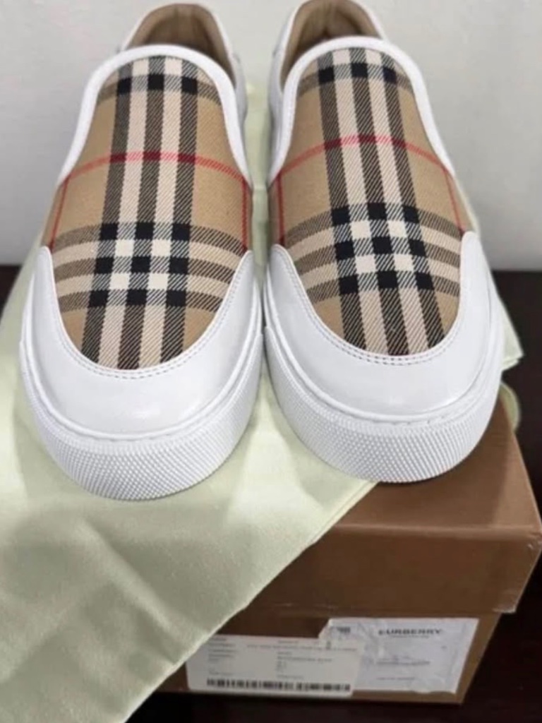 Burberry White And Brown Checkered Slip-Ons